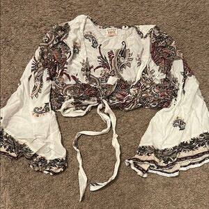 White and Brown Crop Blouse with Bell Sleeves